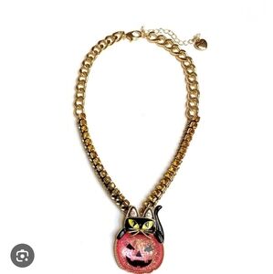 Betsey Johnson Rich Witch Goldtone Black Cat Orange Rhinestones Necklace Size OS